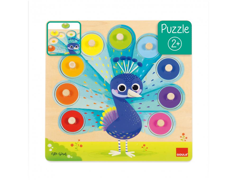 PUZZLE PAON GOULA ENCASTREMENT EN BOIS 9 PIECES A REPOSITIONNER SUR LE SOCLE  28X28 CM