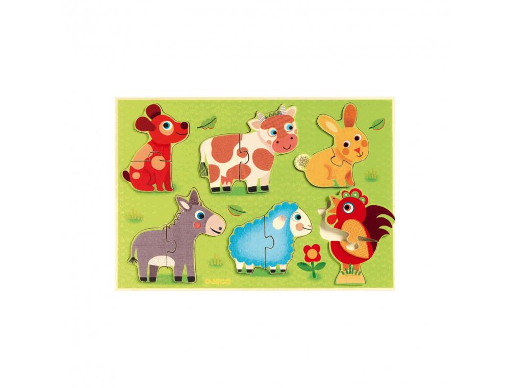 PUZZLE RELIEF COUCOU COW DJECO ENCASTREMENT EN BOIS    ANIMAUX 12 PIECES ET 1        SUPPORT