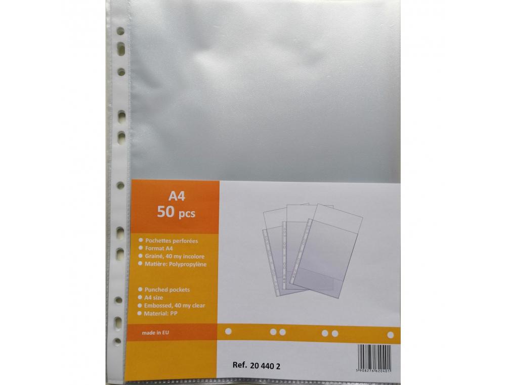 POCHETTE PERFOREE INTERFOLIA PLASTIQUE GRAINE 40 MICRONS   POUR FORMAT A4 LOT DE 50      UNITES