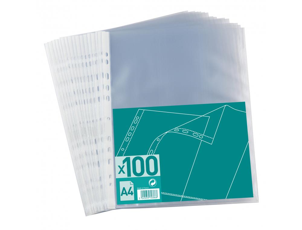 POCHETTE PERFOREE INTERFOLIA PLASTIQUE GRAINE 40 MICRONS   POUR FORMAT A4 LOT DE 100     UNITES