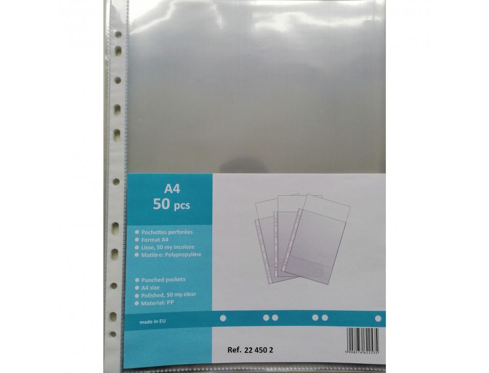 POCHETTE PERFOREE INTERFOLIA LISSE 40 MICRONS BANDE        PERFOREE RENFORCEE POUR       FORMAT A4 LOT DE 50 UNITES